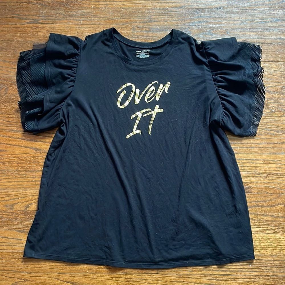 Lane Bryant Black & Gold “Over It” Ruffle Short Sleeve T-Shirt